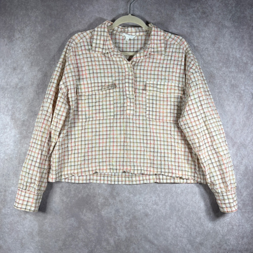 Lou & Grey Top Womens Large Multicolor Plaid Seersucker Pullover Casual Boho